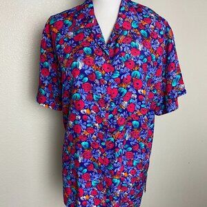 Vintage Brass Plum  Nordstrom Floral Button Down Shirt Blouse Rayon Size S/M